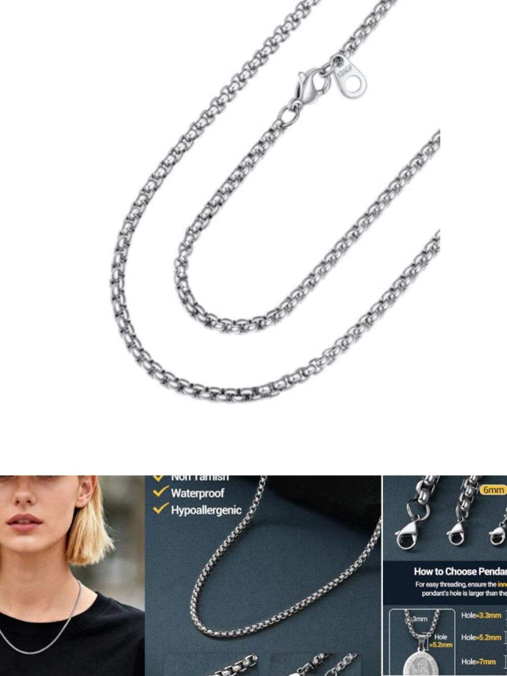 PROSTEEL 316L Stainless Steel Rolo Box Chain Men's Necklace 24" Lobster Clasp